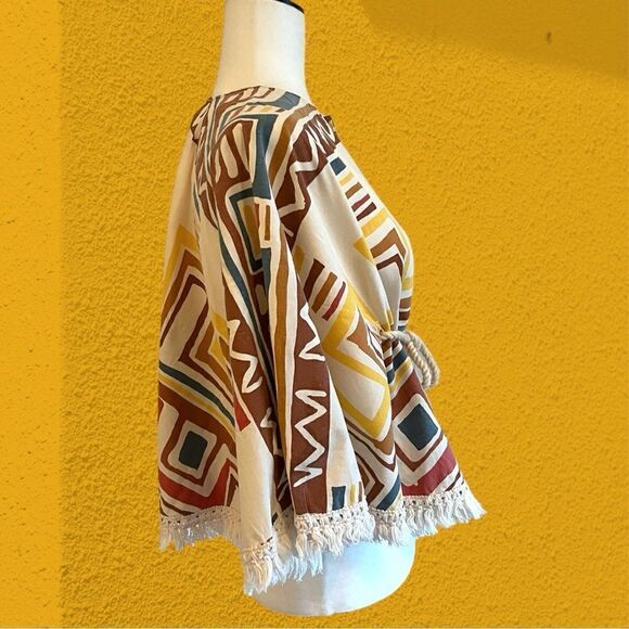 70s vintage true hippie cotton poncho with rope and fringe - Picture 4 of 11